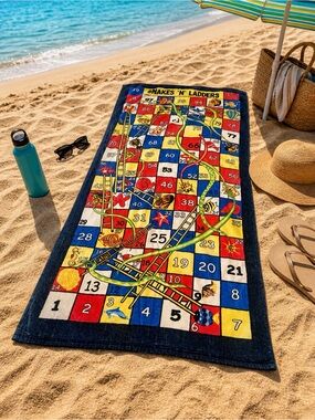 Vintage Snakes and Ladders Beach Towel Retro Game Board 80s 90s Nostalgia